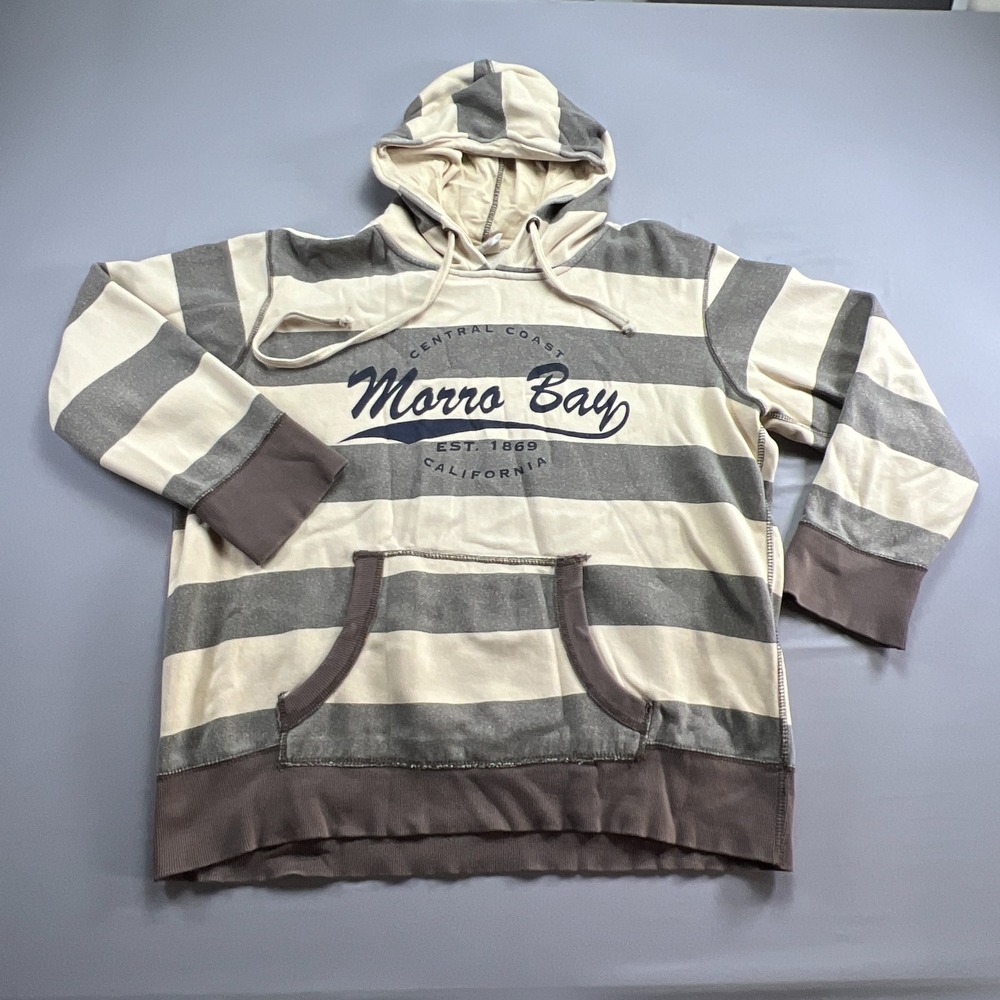 Pro-Weave Hoodie Mens XL Gray Tan Striped Morro Bay California Print Pullover